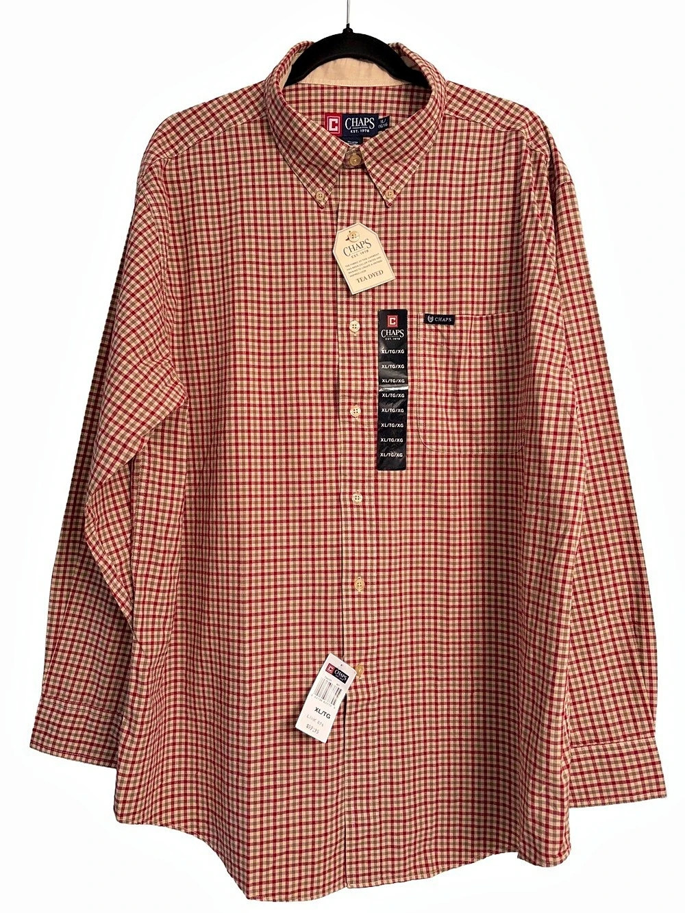 NWT Chaps Men’s Plaid Button Down Shirt XL Red Tan Tea Dyed 100% Cotton